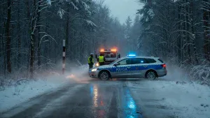 Polska policja zabezpiecza miejsce kolizji na ośnieżonej drodze nocą
