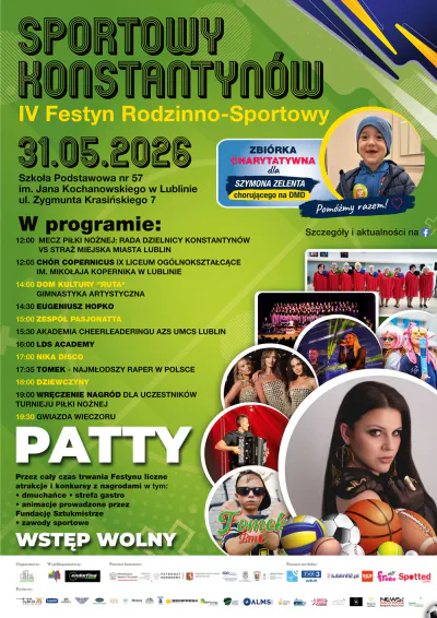 Baner promujący IV Festyn Rodzinno-Sportowy w Lublinie z koncertem Patty oraz atrakcjami dla całych rodzin.