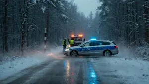 Polska policja zabezpiecza miejsce kolizji na ośnieżonej drodze nocą